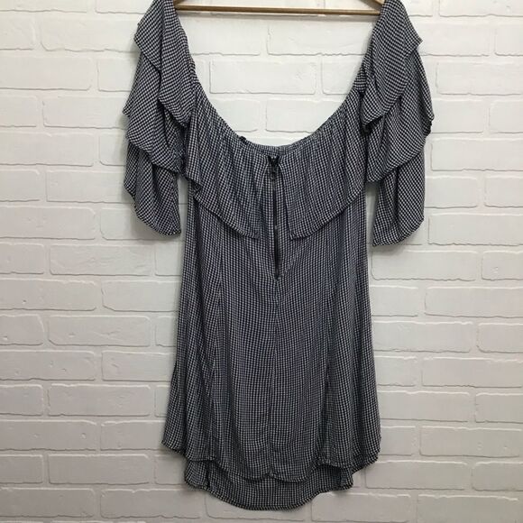 Aeo gingham dress blue off shoulders ruffle babydoll dress flutter sleeves - Picture 3 of 11